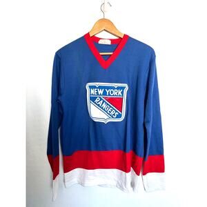 VTG Face Off New York Rangers Hockey NHL Knit Jersey Shirt Long Sleeve 70s USA